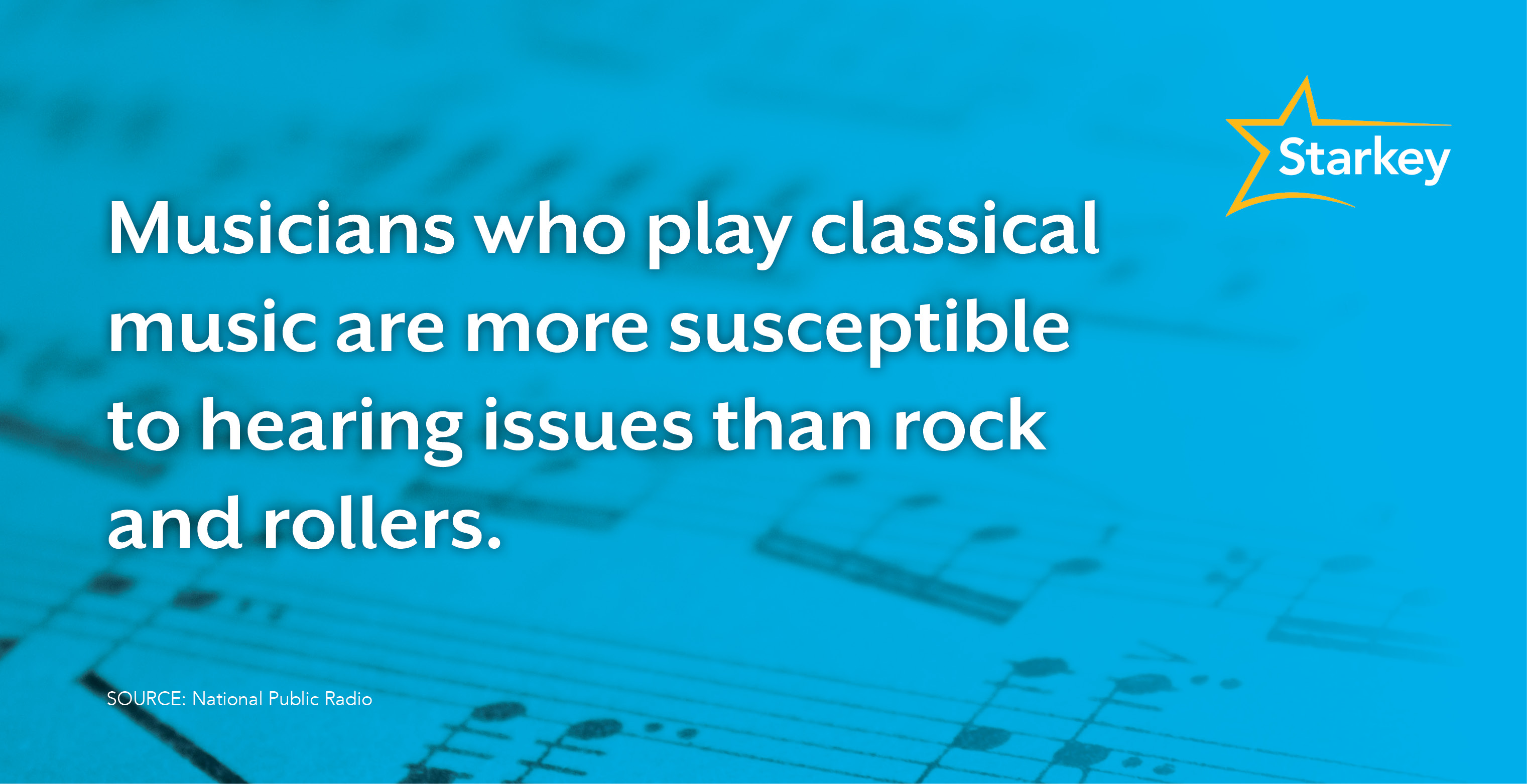 Music sheet graphic with words stating that musicians who play classical music are more susceptible to hearing issues than rock and rollers
